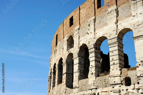 A section of the facade of the Colosseum (Flavian Amphitheatre) in Rome, Lazio, Italy