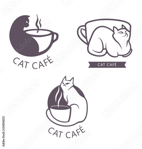 Cat Cafe Logo. Vector illustration of cat and coffee cup.