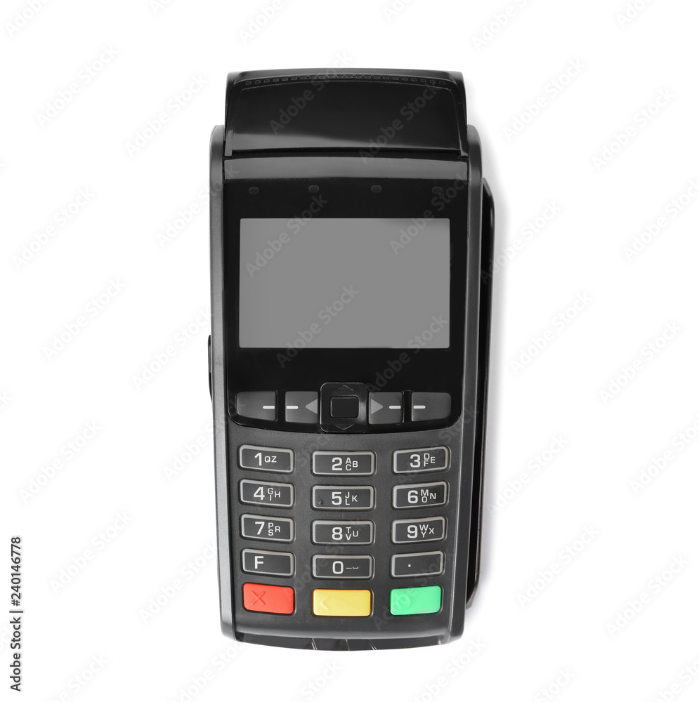 Modern payment terminal on white background, top view Modern payment terminal on white background, top view