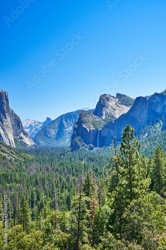 The most beautiful Yosemite National Park in the world, dense trees, fresh air, blue sky