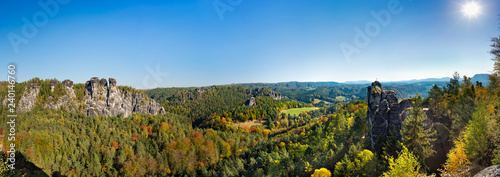 Aerial panoramic view of the Saxon Switzerland National Park, Germany, (German: Nationalpark Sächsische Schweiz) from the Bastei Mountain Range.