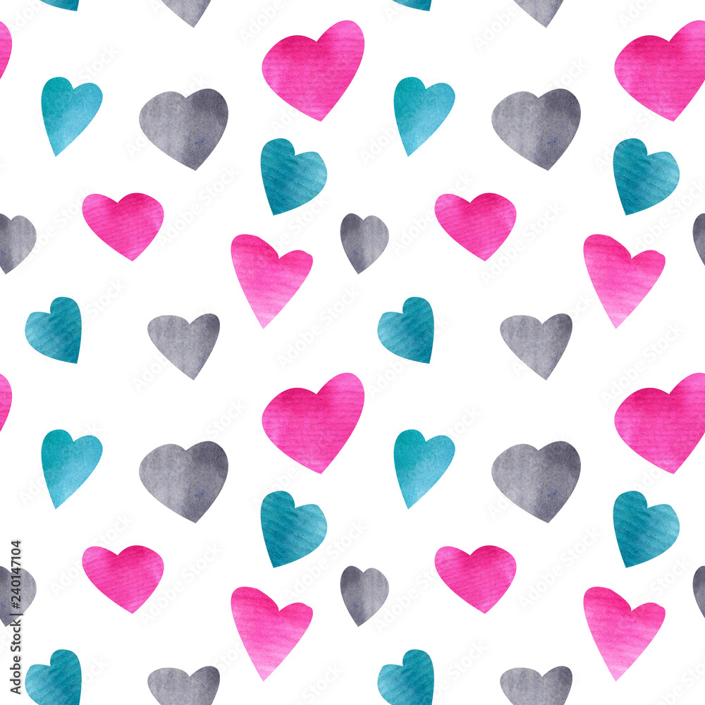 Seamless pattern with heart shapes. Watercolor on white background.