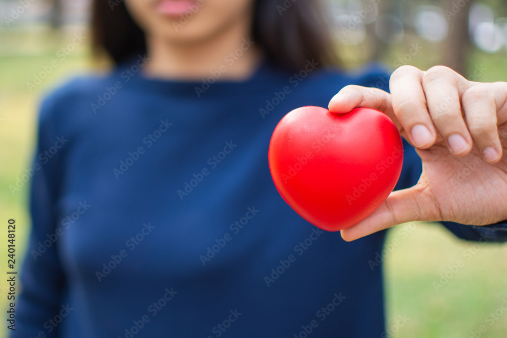 woman's hand holding red heart . selective focus. woman's hand holding red heart . selective focus.