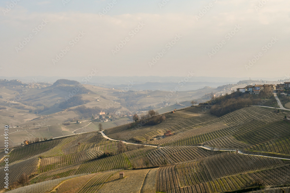 Panoramic view of the Langhe hills with vineyards and the famous village of Barolo in the background, La Morra, Piedmont, Italy 