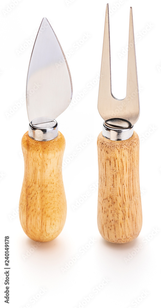 Fork and knife for cheese. Specific cutlery to cut, eat and puncture the cheeses. Isolated on white background. Fork and knife for cheese. Specific cutlery to cut, eat and puncture the cheeses. Isolated on white background.