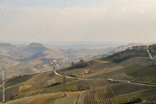 Panoramic view of the Langhe hills with vineyards and the famous village of Barolo in the background, La Morra, Piedmont, Italy 