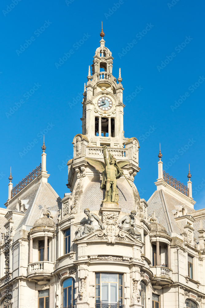 Facade of a neoclassical architecture at the Liberdade Square in Porto