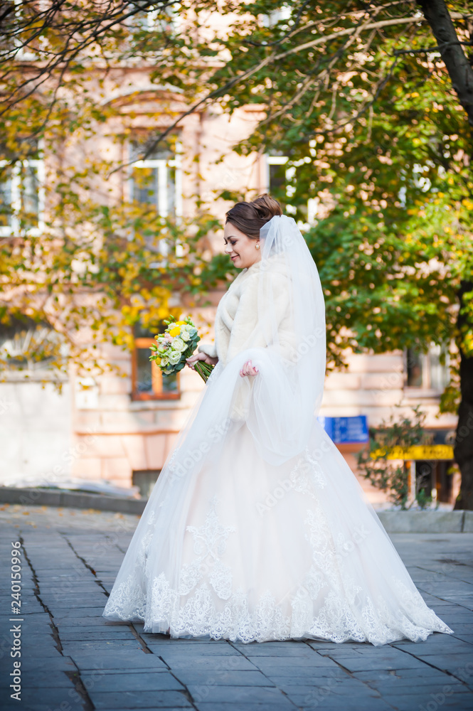 Obraz premium Portrait of beautiful european bride in autumn