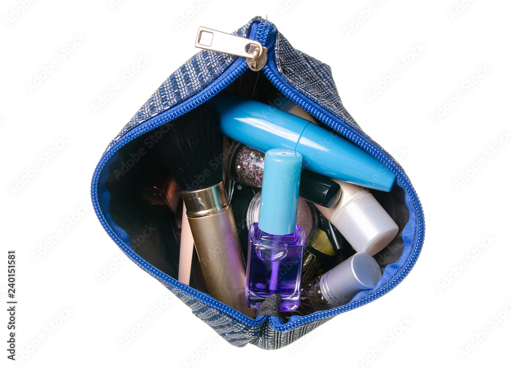 Φωτογραφία Blue cosmetic bag cosmetics beauty on a white background isolation top view