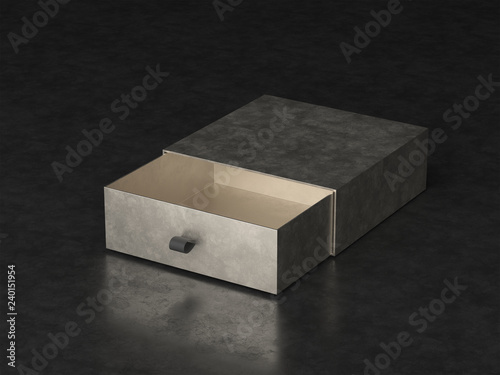 Elegant open leatherand gold Gift Box Mockup on black background. Luxury packaging box for premium products. Empty opened box. 3d rendering.