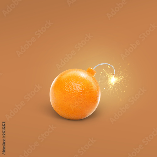 Fototapeta Koncepcja pomarańczowy bomby na żółtym tle. Kreatywna bomba z iskrami. Soczysta Pomarańcza