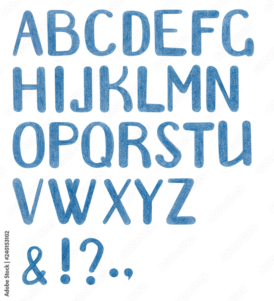 Hand drawn, color pencil alphabet. Isolated in white background Hand drawn, color pencil alphabet. Isolated in white background