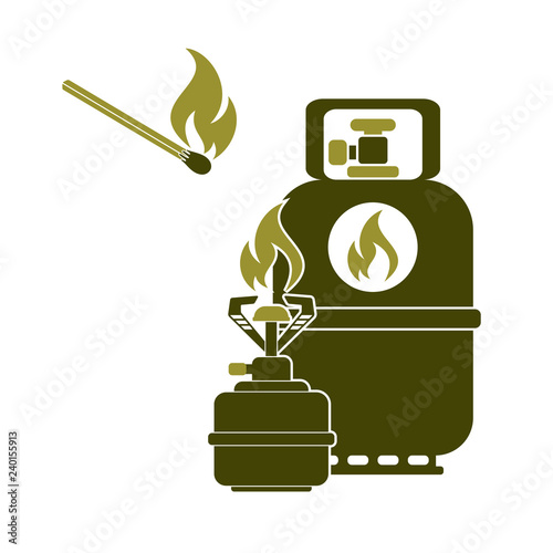 Camping stove with gas bottle icon vector