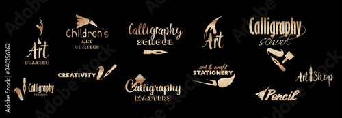 Art classes golden lettering logo design set. Calligraphy school and masters with bronze hand fonts. Gold metal logo collection on black background. Art and creativity logotypes. Isolated vector