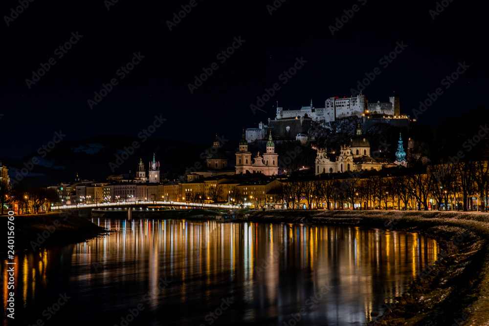 night view of Salzburg during winter time 