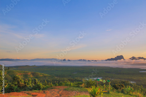 Morning light tour with mountains near the sea, Samed Nang Chee viewpoint tropical zone in Phang Nga Thailand.