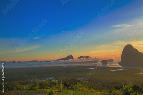 Morning light tour with mountains near the sea, Samed Nang Chee viewpoint tropical zone in Phang Nga Thailand.