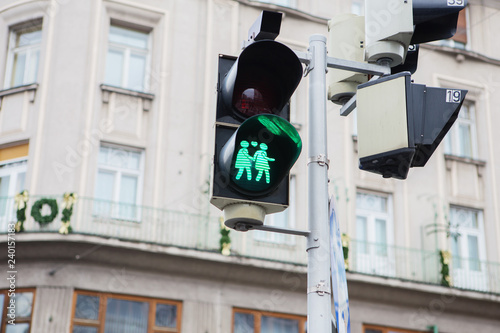 Photography Crosswalk traffic light with same sex couple in love and a heart between them