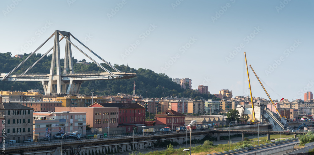 Genoa (Genova), Italy, what is left of collapsed Morandi Bridge (Polcevera viaduct) connecting A10 motorway after structural failure causing 43 casualties on August 14, 2018