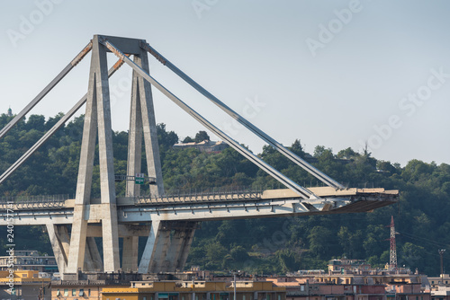Genoa (Genova), Italy, what is left of collapsed Morandi Bridge (Polcevera viaduct) connecting A10 motorway after structural failure causing 43 casualties on August 14, 2018