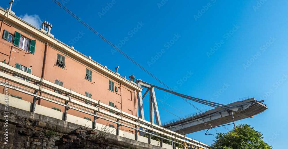 Genoa (Genova), Italy, what is left of collapsed Morandi Bridge (Polcevera viaduct) connecting A10 motorway after structural failure causing 43 casualties on August 14, 2018 Genoa (Genova), Italy, what is left of collapsed Morandi Bridge (Polcevera viaduct) connecting A10 motorway after structural failure causing 43 casualties on August 14, 2018