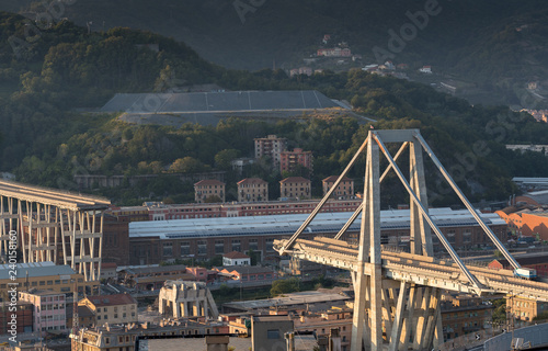 Genoa (Genova), Italy, what is left of collapsed Morandi Bridge (Polcevera viaduct) connecting A10 motorway after structural failure causing 43 casualties on August 14, 2018