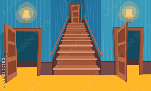 Interior room with a stairs and doors. Vector illustration of cartoon corridor.
