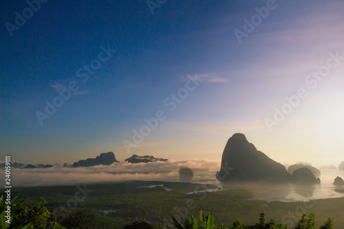Morning light tour with mountains near the sea  Samed Nang Chee viewpoint tropical zone in Phang Nga Thailand.