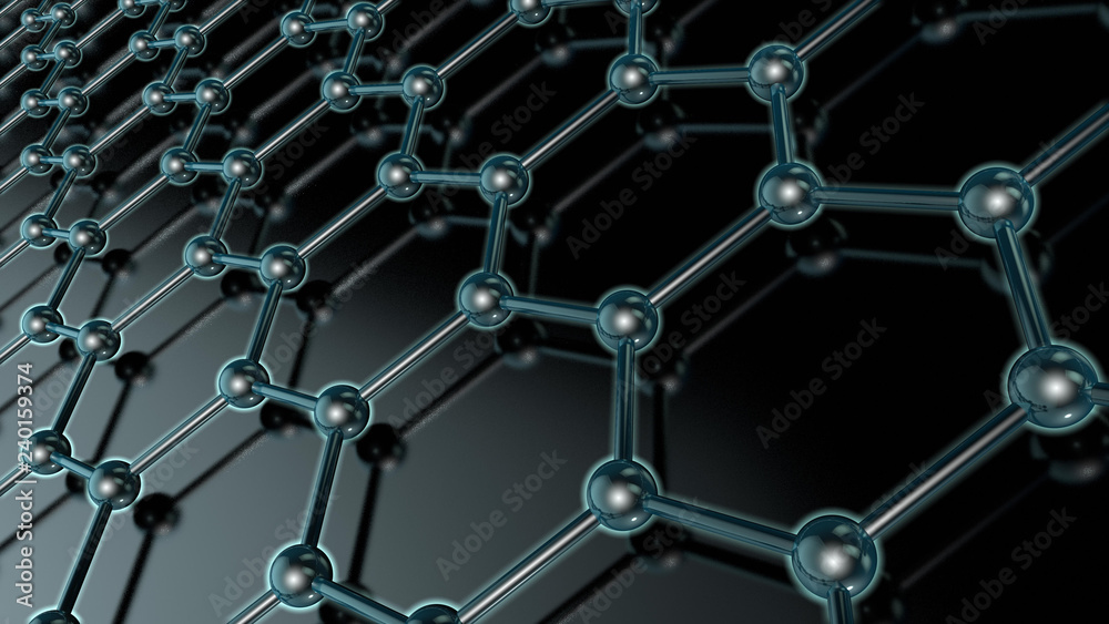 3D illustration of a glowing crystal lattice of graphene, carbon molecule, superconductor, material of the future, on a dark background. The idea of nanotechnology. 3D rendering 3D illustration of a glowing crystal lattice of graphene, carbon molecule, superconductor, material of the future, on a dark background. The idea of nanotechnology. 3D rendering