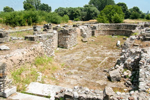 Ancient Greece city Dion. Ruins of ancient christian basilica. Archaeological park of sacred city of Macedon. photo