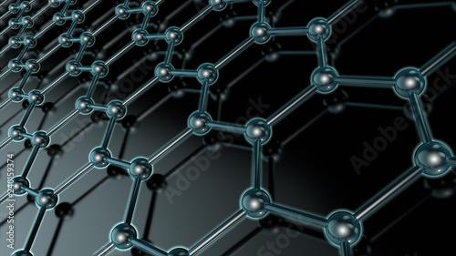 3D illustration of a glowing crystal lattice of graphene, carbon molecule, superconductor, material of the future, on a dark background. The idea of nanotechnology. 3D rendering