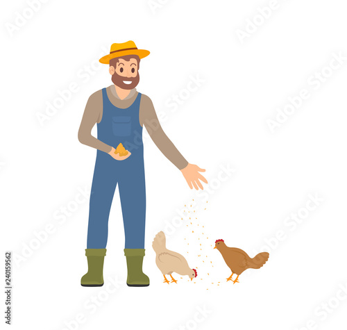 Farmer Feeding Chickens Hens Vector Illustration