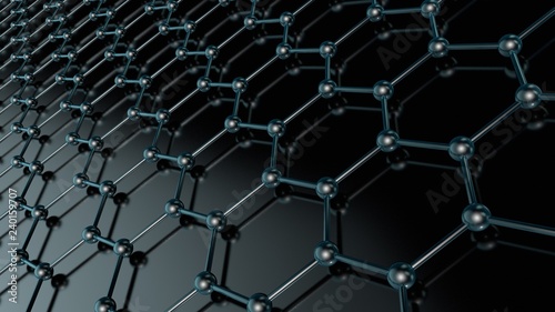 3D illustration of a crystal lattice of graphene, carbon molecule, superconductor of the future on a dark background. Abstraction, the idea of 3D nanotechnology rendering with depth of field photo