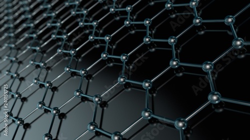 3D illustration of a crystal lattice of graphene  carbon molecule  superconductor of the future on a dark background. Abstraction  background  idea of nanotechnologies of the future  3D rendering