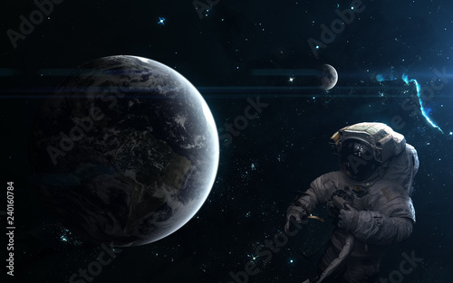 Fototapeta Naklejka Na Ścianę i Meble -  Planet Earth and the Moon. Astronaut, space landscape. Science fiction art. Elements of the image were furnished by NASA
