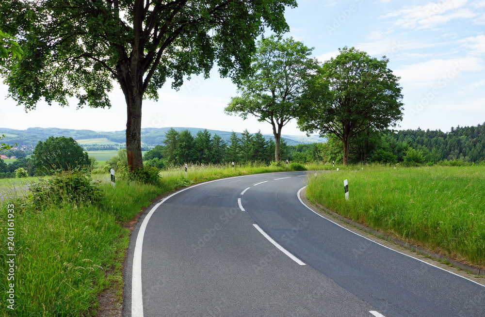 Landstraße oder Straße mit Bäumen und Wiesen im Sommer StockFoto Adobe Stock