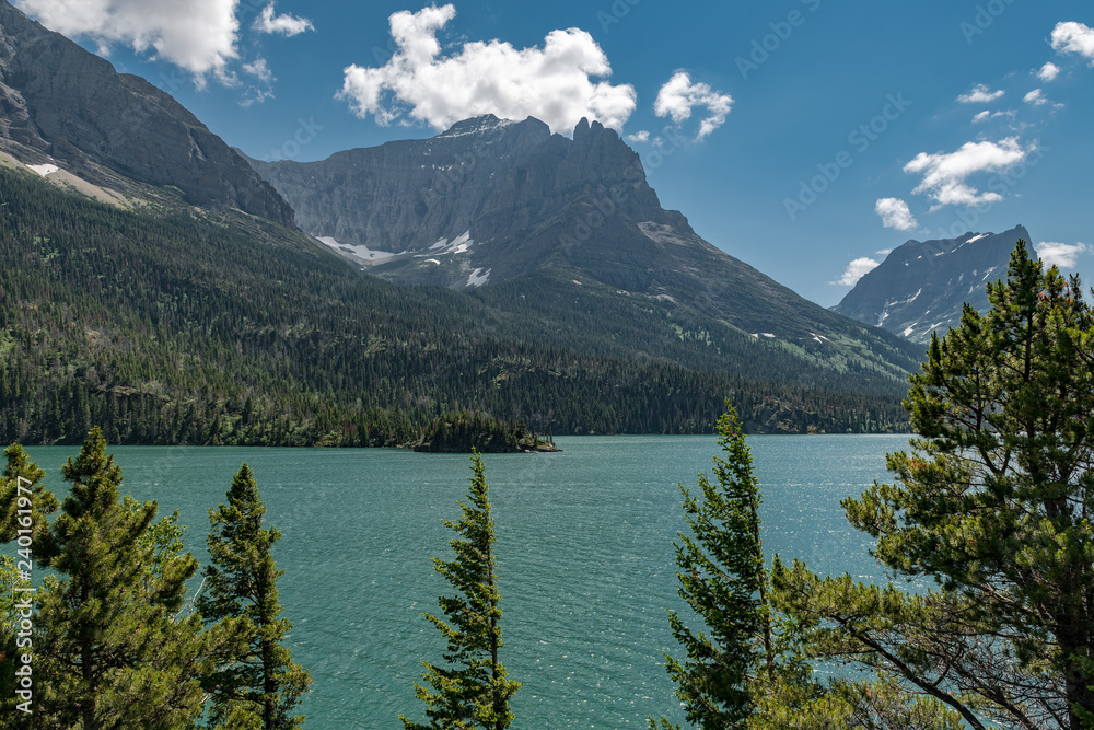 Beautiful landscape view of St Mary Lake in Glacier National Park, Montana,