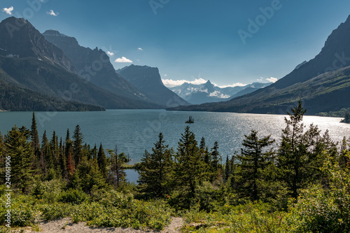 Beautiful landscape view of St Mary Lake in Glacier National Park, Montana,