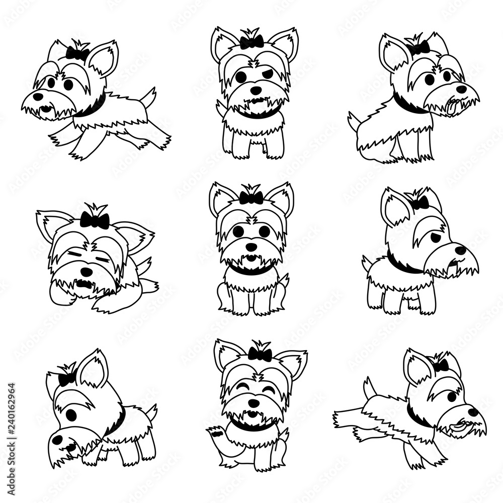 Obraz premium Cartoon character yorkshire terrier dog poses set for design.