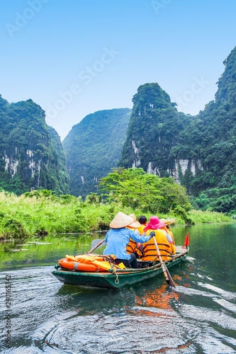 Trang An rowboat with beautiful mountains view, Ninh Binh, Vietnam