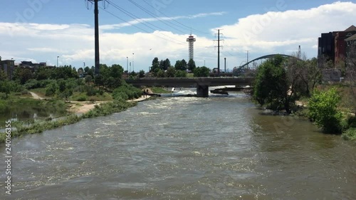 South Platte River is one of the two principal tributaries of Platte River and is a major river of the American Midwest. This is a shot from Denver, Colorado. People surf in river and bike next to it. photo