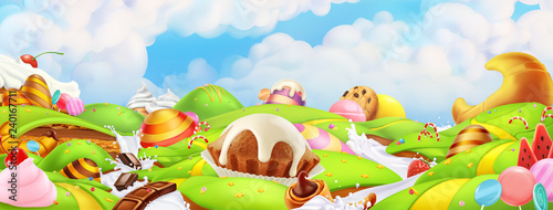 Sweet candy land. Panorama landscape, vector background