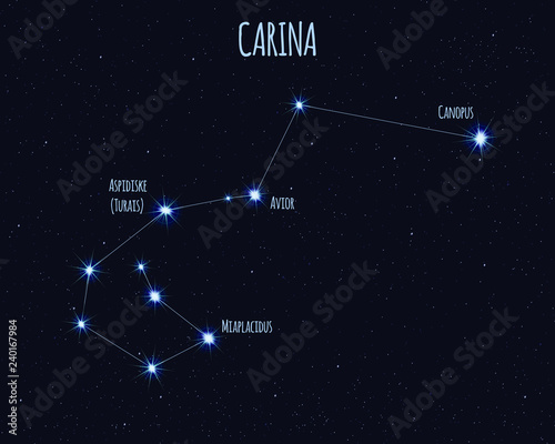 Carina (The Keel) constellation, vector illustration with the names of basic stars against the starry sky