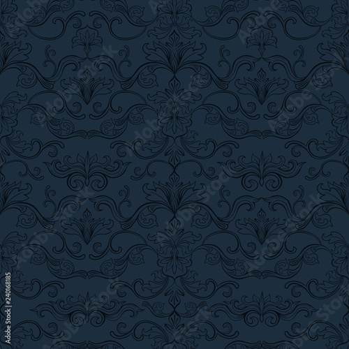 Damask Vector Seamless Pattern. Vintage Style Wallpaper, Carpet or Wrapping Paper Design. Italian Medieval Floral Flourishes, Greek Flowers for Textures. Baroque Leaves for Scrapbooking.