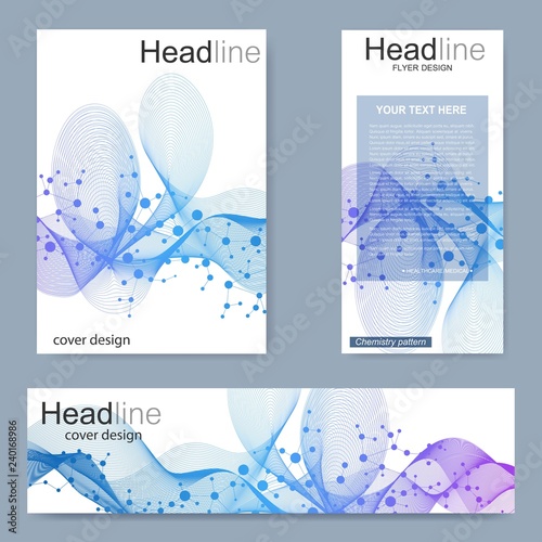 Set flyer, brochure size A4 template,banner. Molecular structure with connected lines and dots. Scientific pattern atom DNA with elements for magazine, leaflet, cover, poster design.