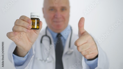 Doctor Thumbs Up Showing Medicines Recommending New Pills Treatment