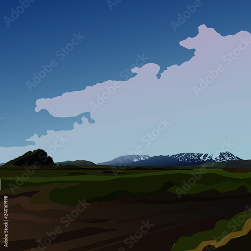 landscape of kamchatka with mountains, volcanoes and clouds