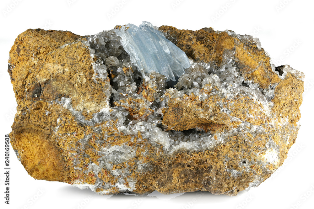 blue barite crystals on matrix from Morocco isolated on white background