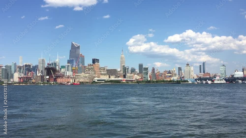 HOBOKEN - JULY 23, 2016: View of West side Manhattan skyline New York City from New Jersey over Hudson River. Empire State Building, Hotel Pennsylvania, Chelsea Piers, Hudson Rail Yards in the shot. HOBOKEN - JULY 23, 2016: View of West side Manhattan skyline New York City from New Jersey over Hudson River. Empire State Building, Hotel Pennsylvania, Chelsea Piers, Hudson Rail Yards in the shot.