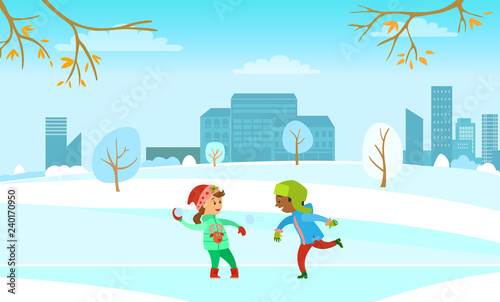 Winter Holidays Fun, Kids Playing Snowball Fight